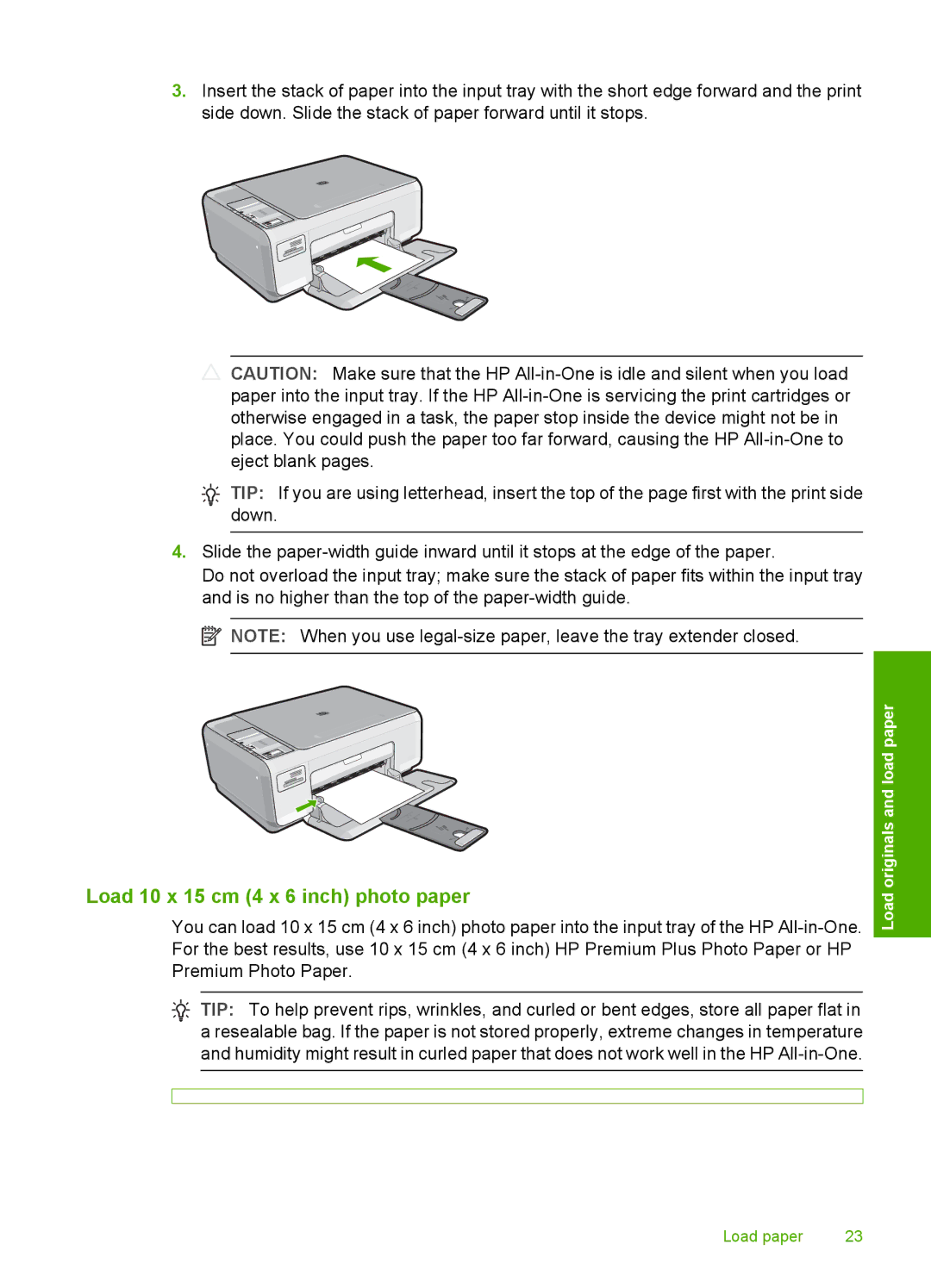 HP C4200 manual Load 10 x 15 cm 4 x 6 inch photo paper 