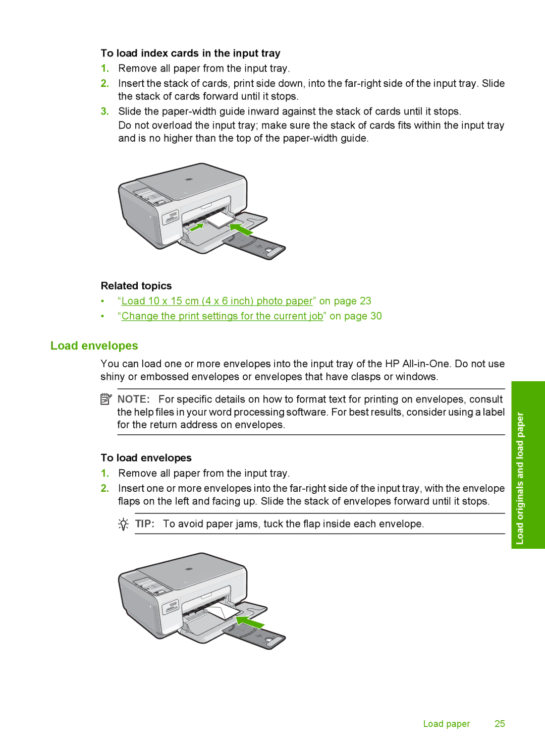 HP C4200 manual Load envelopes, To load index cards in the input tray, To load envelopes 