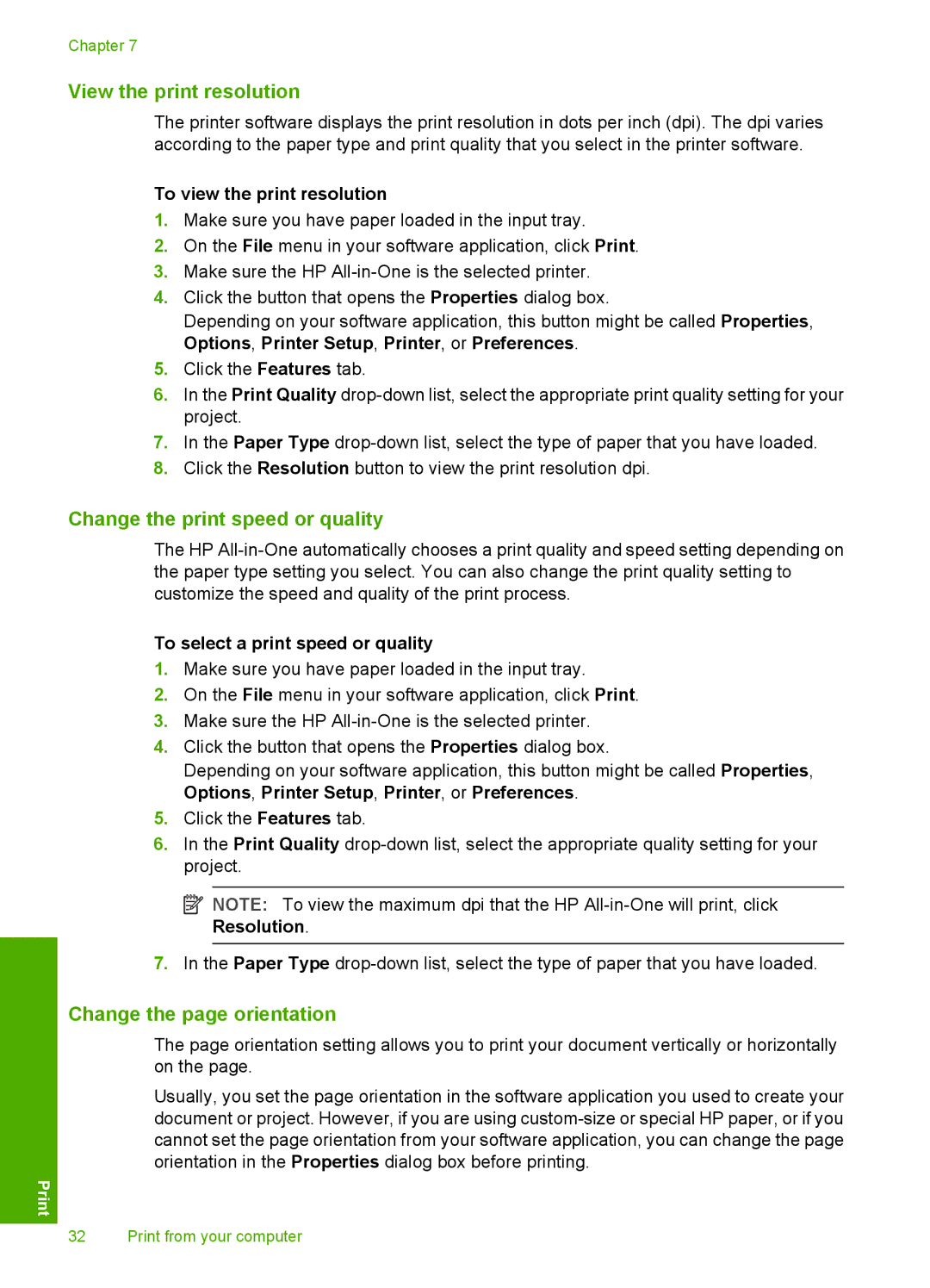 HP C4200 manual View the print resolution, Change the print speed or quality, Change the page orientation 