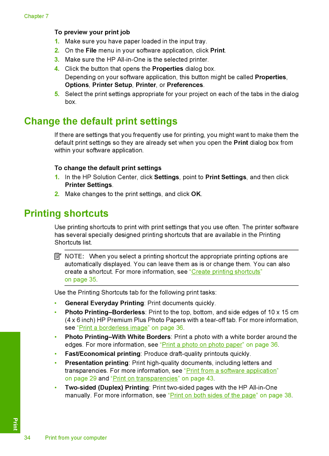 HP C4200 manual Change the default print settings, Printing shortcuts, To preview your print job 