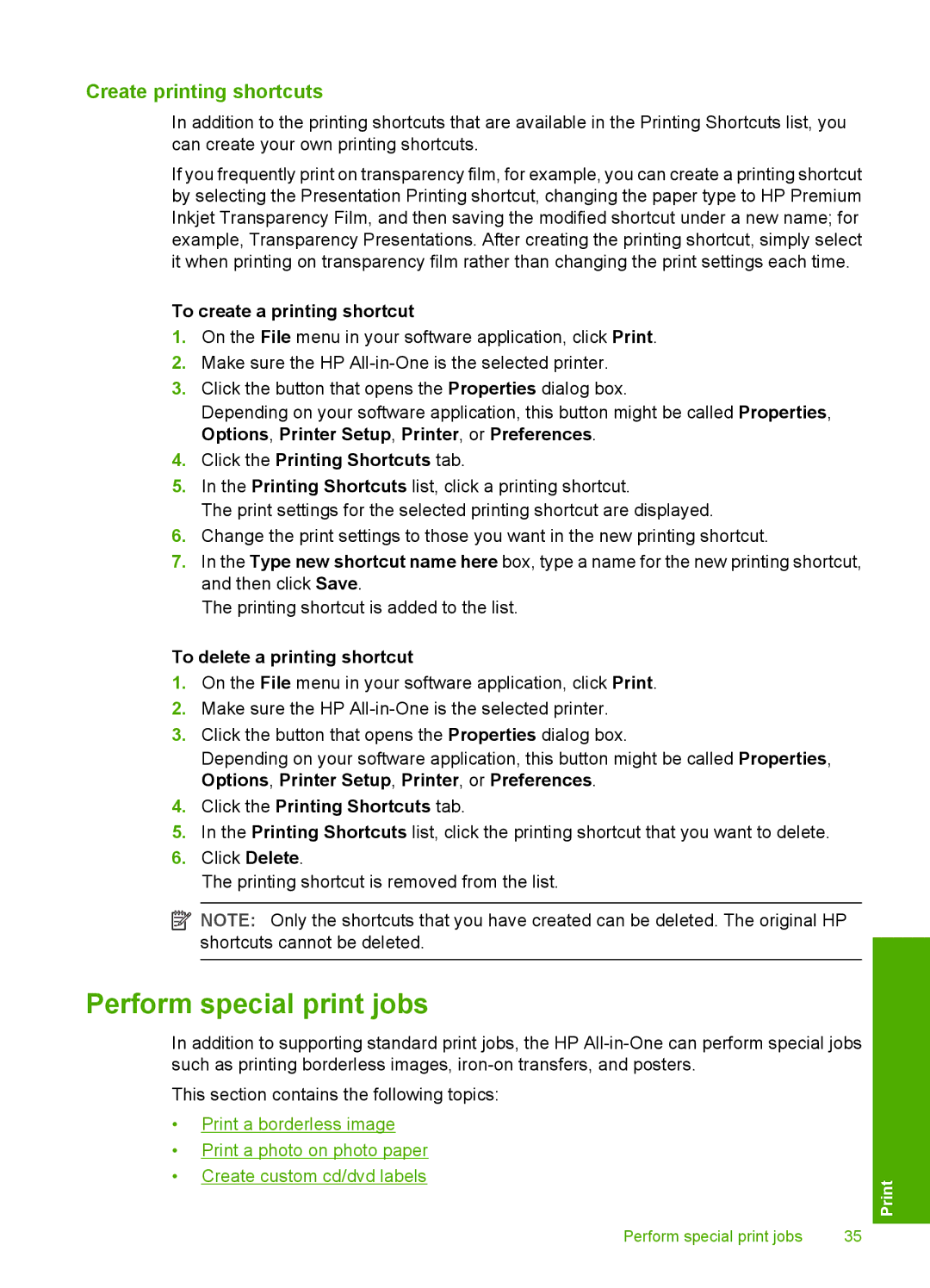 HP C4200 manual Perform special print jobs, Create printing shortcuts, To create a printing shortcut 