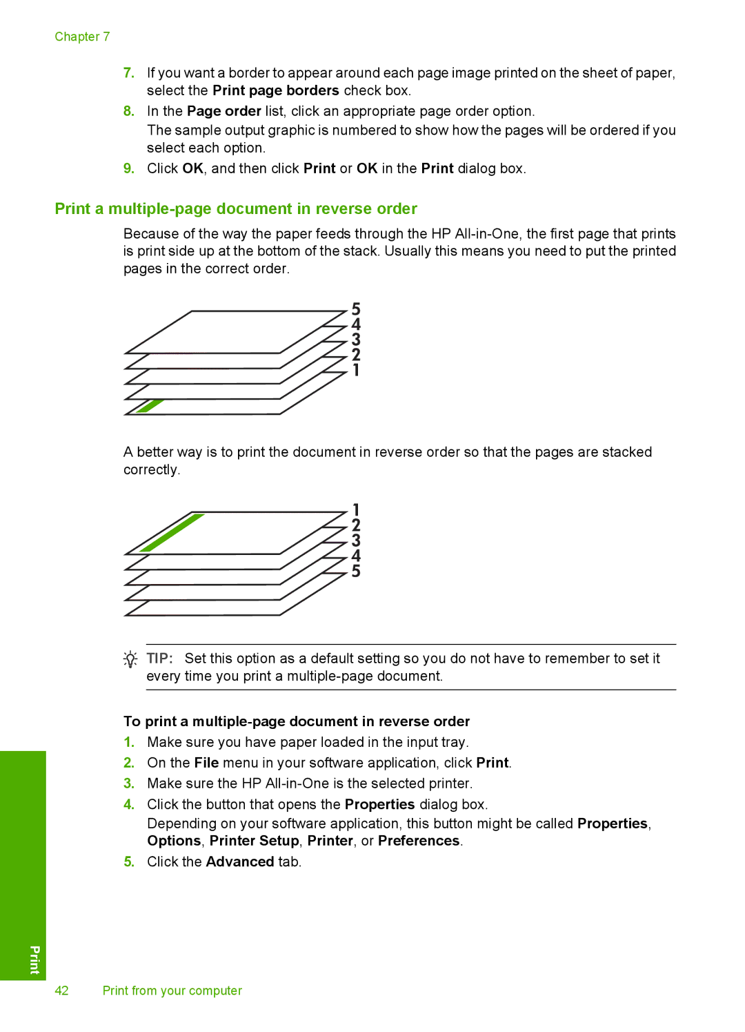 HP C4200 manual Print a multiple-page document in reverse order, To print a multiple-page document in reverse order 