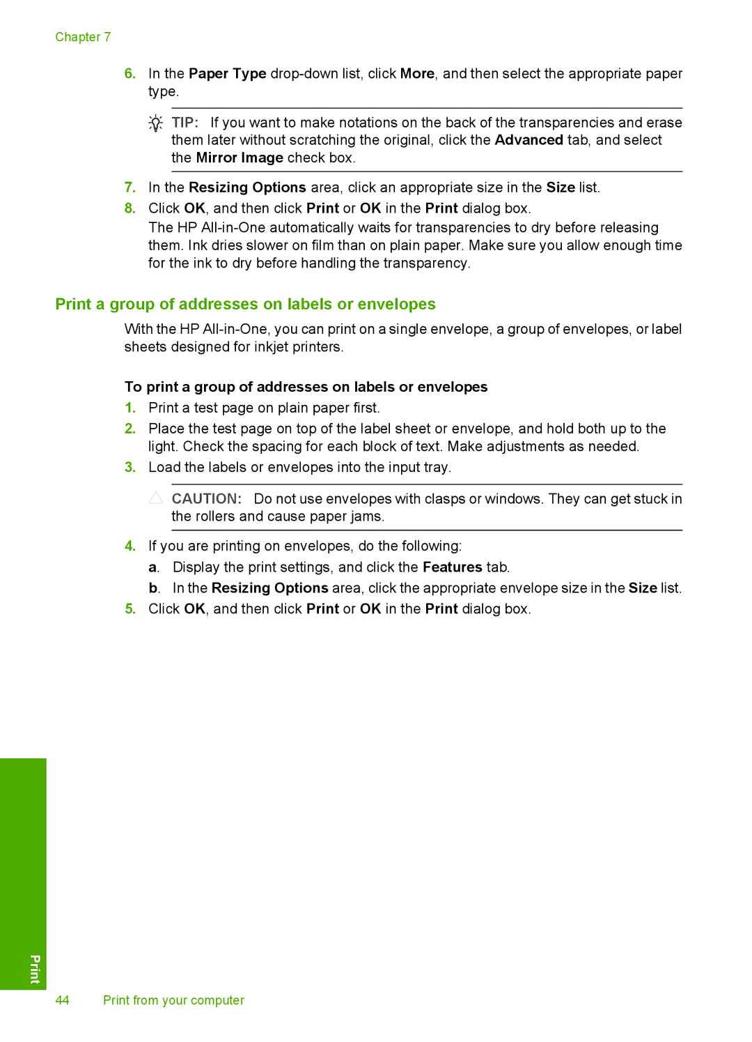 HP C4200 manual Print a group of addresses on labels or envelopes, To print a group of addresses on labels or envelopes 