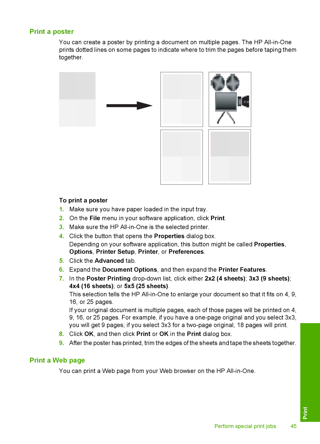 HP C4200 manual Print a poster, Print a Web, To print a poster 