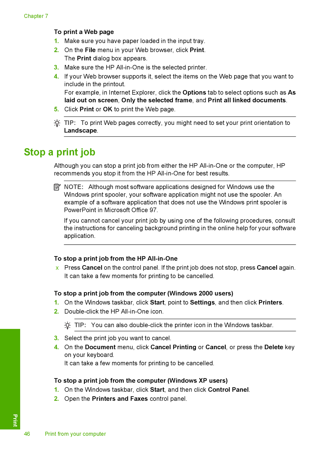 HP C4200 manual Stop a print job, To print a Web, To stop a print job from the HP All-in-One 