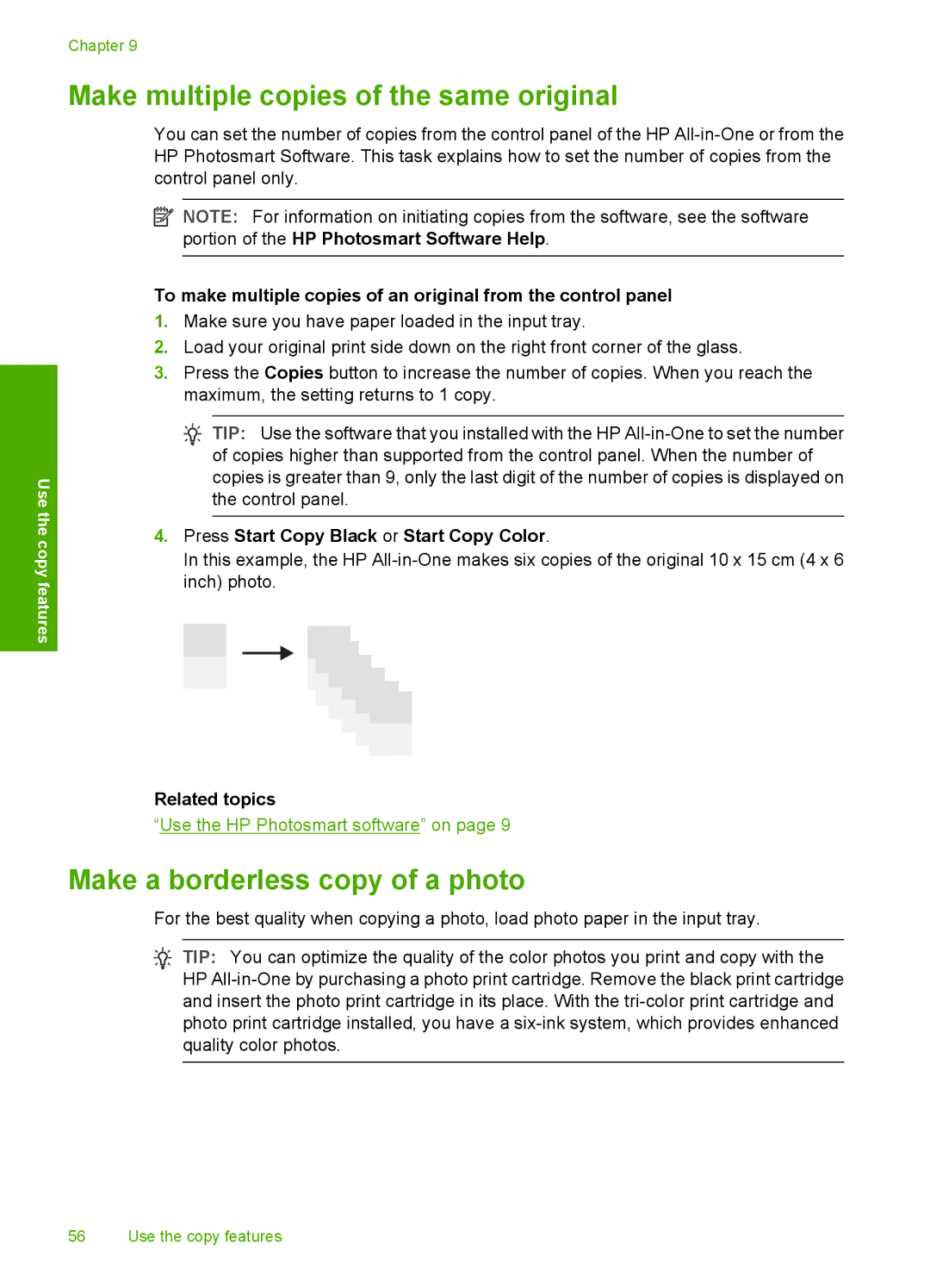 HP C4200 manual Make multiple copies of the same original, Make a borderless copy of a photo 