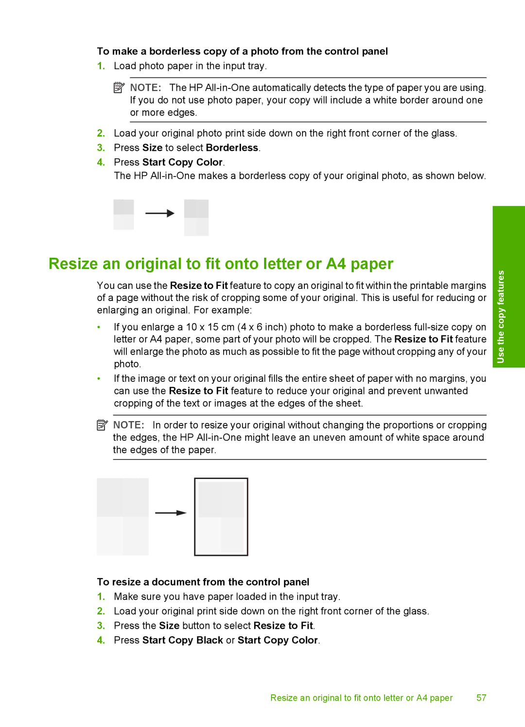 HP C4200 Resize an original to fit onto letter or A4 paper, To make a borderless copy of a photo from the control panel 