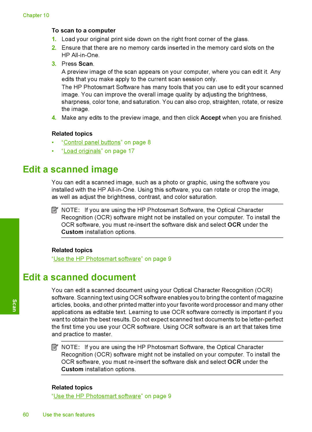 HP C4200 manual Edit a scanned image, Edit a scanned document, To scan to a computer 