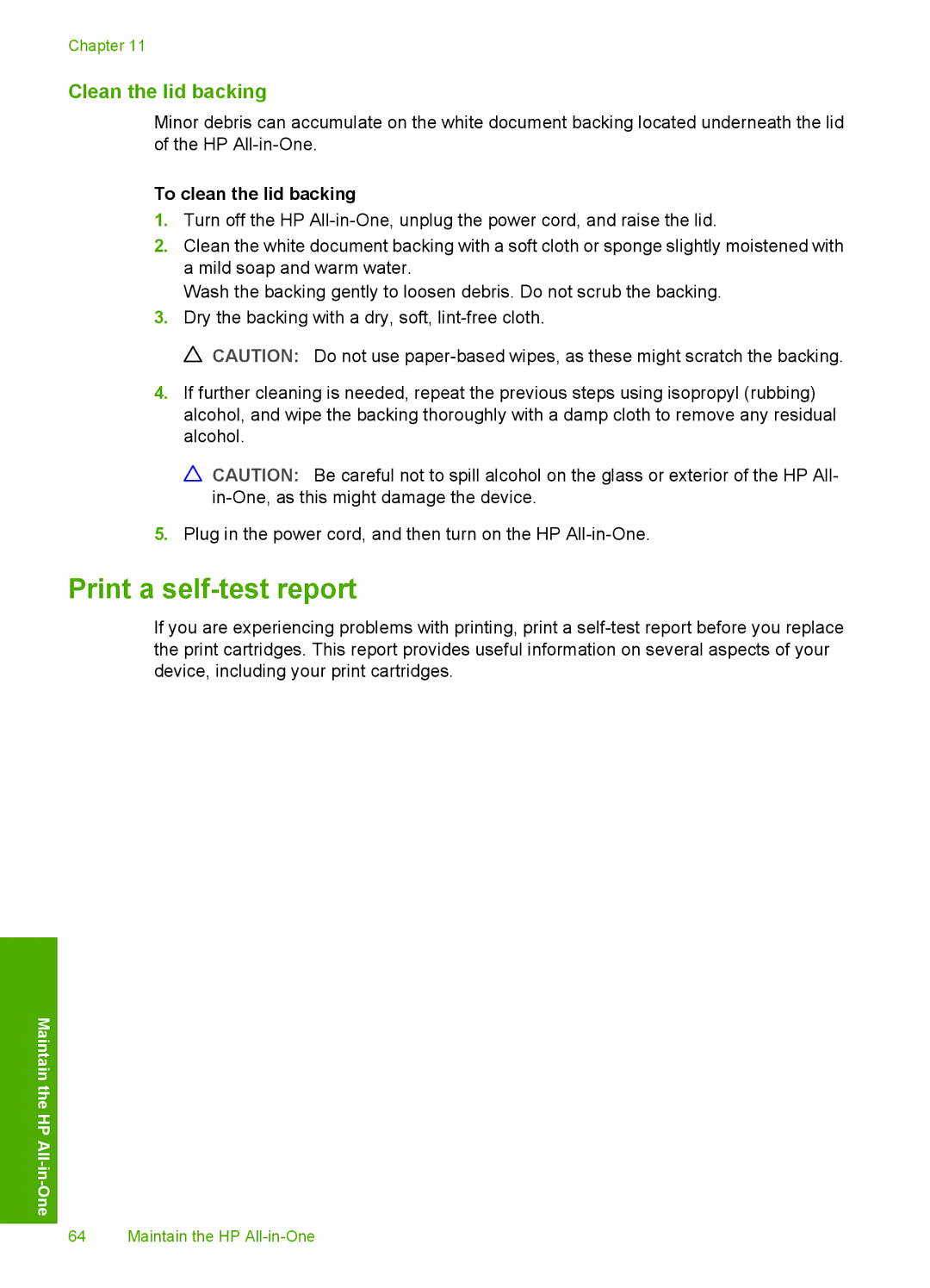 HP C4200 manual Print a self-test report, Clean the lid backing, To clean the lid backing 