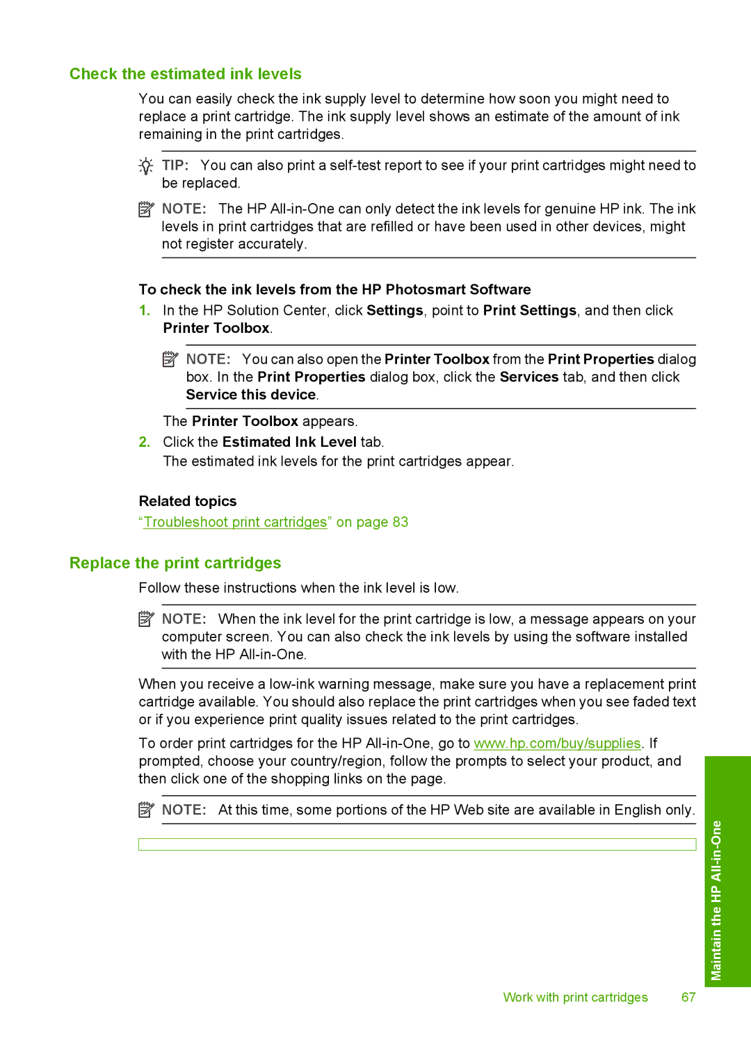 HP C4200 manual Check the estimated ink levels, Replace the print cartridges 