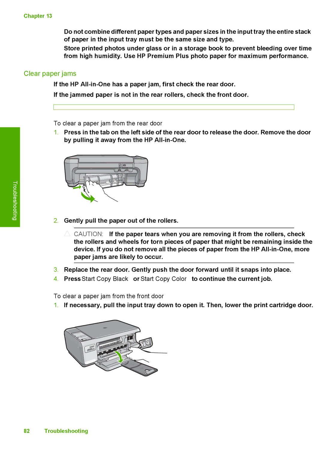 HP C4200 manual Clear paper jams, To clear a paper jam from the rear door, To clear a paper jam from the front door 