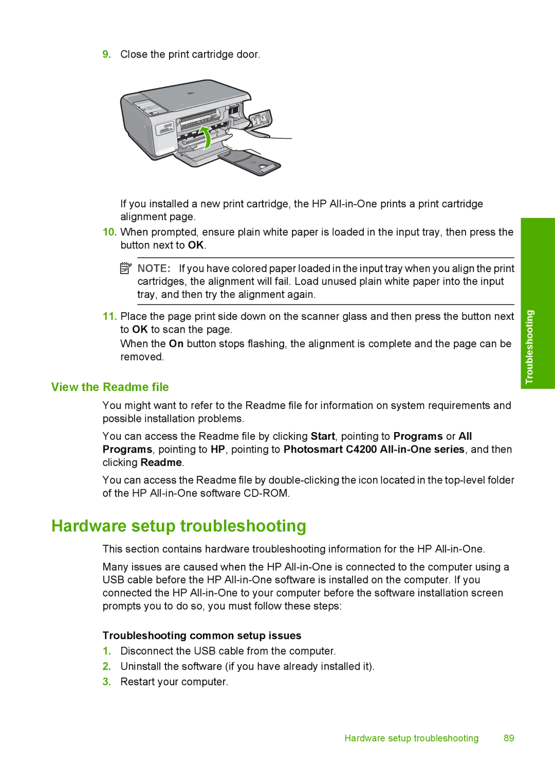 HP C4200 manual Hardware setup troubleshooting, View the Readme file, Troubleshooting common setup issues 