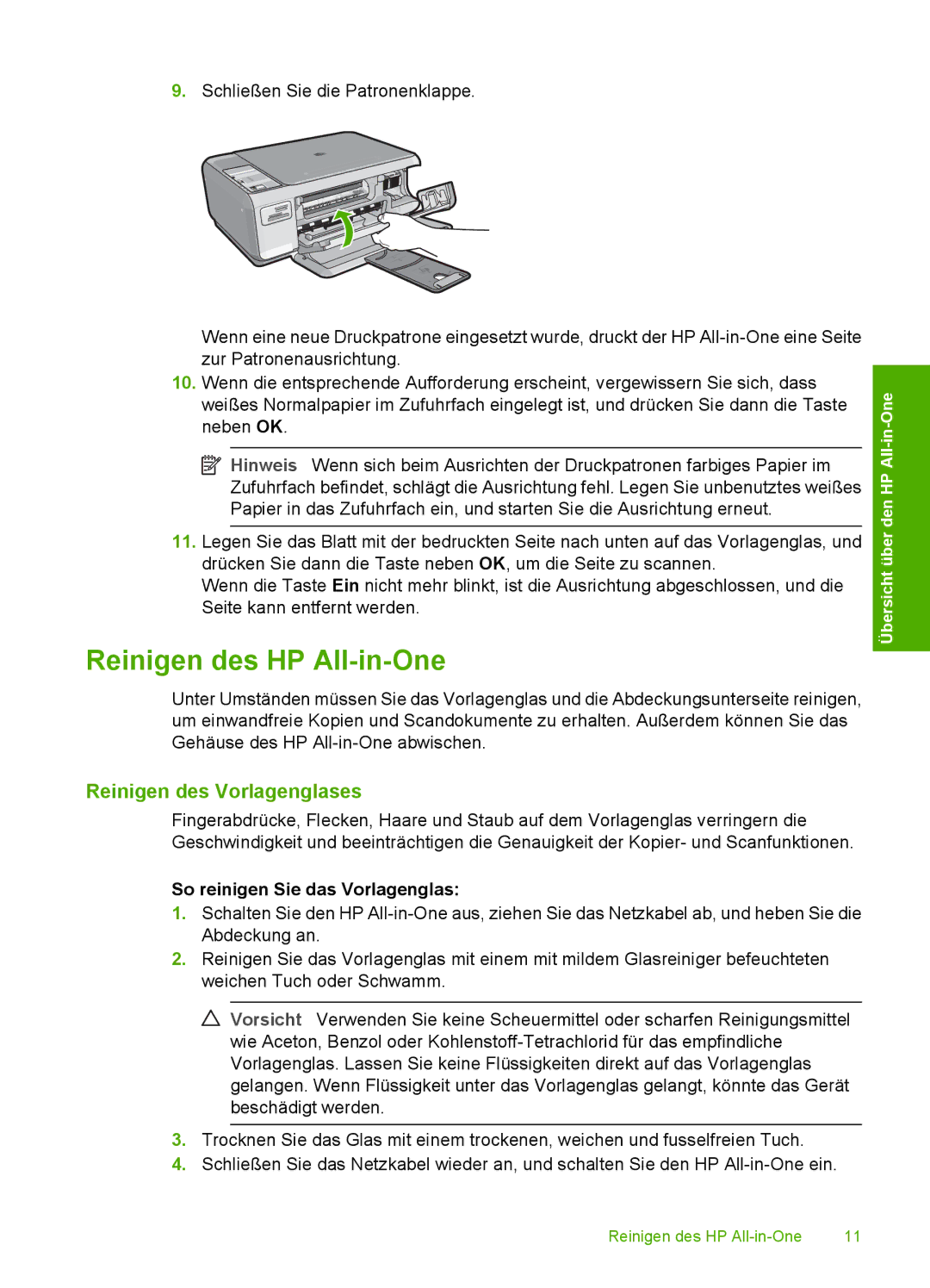 HP C4200 manual Reinigen des HP All-in-One, So reinigen Sie das Vorlagenglas 