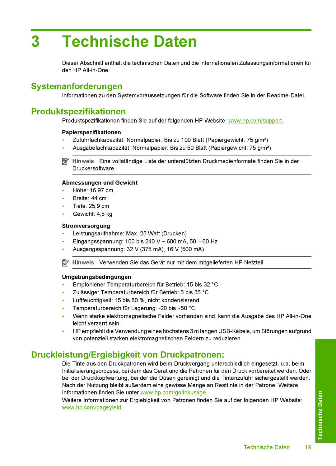 HP C4200 manual Systemanforderungen, Produktspezifikationen, Druckleistung/Ergiebigkeit von Druckpatronen 