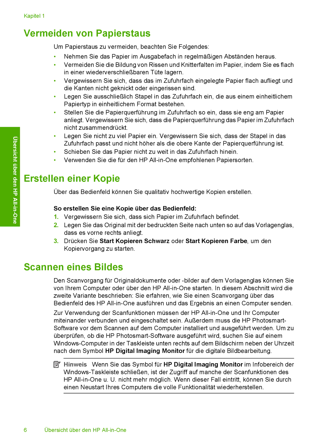 HP C4200 manual Vermeiden von Papierstaus, Erstellen einer Kopie, Scannen eines Bildes 