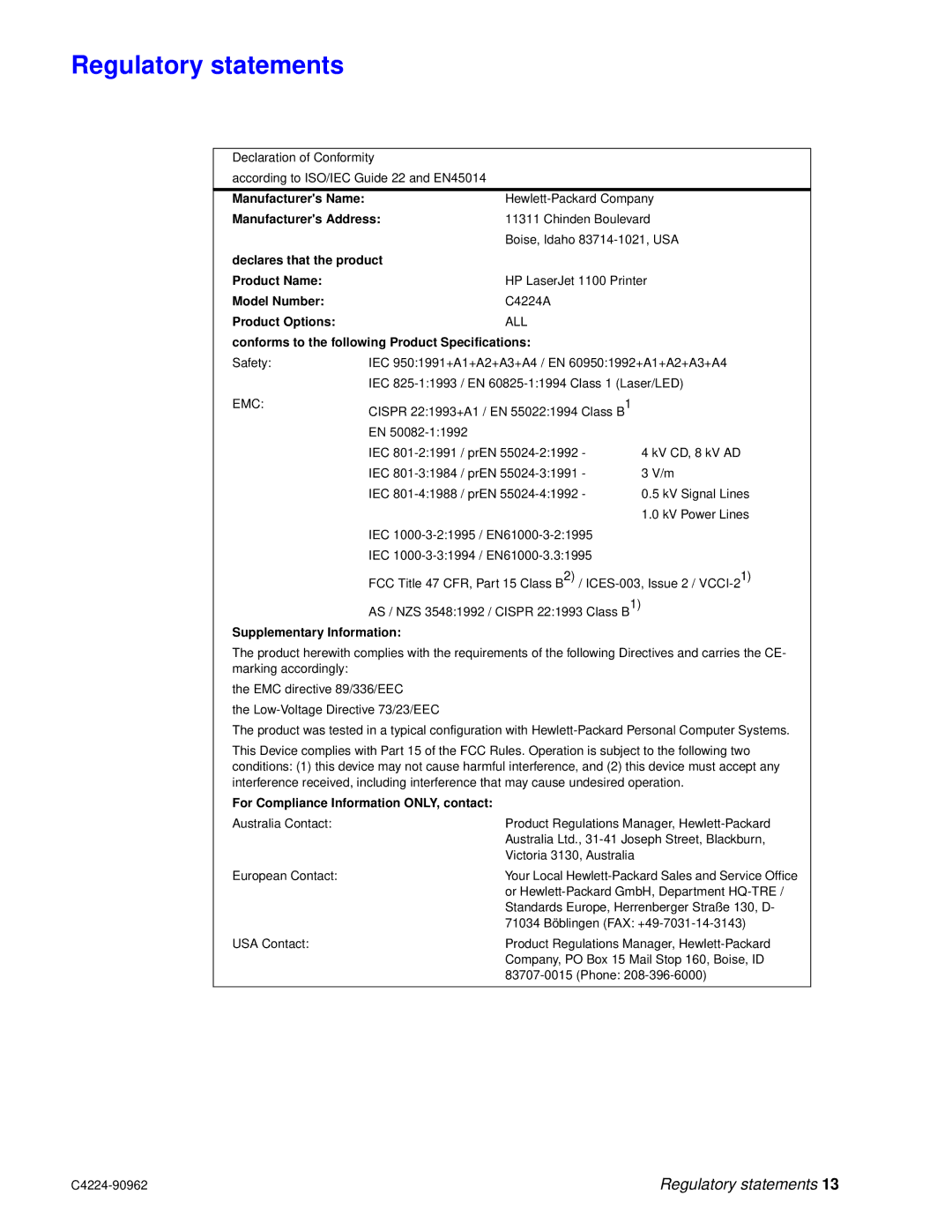 HP C4224-90962 manual Regulatory statements, Conforms to the following Product Specifications 