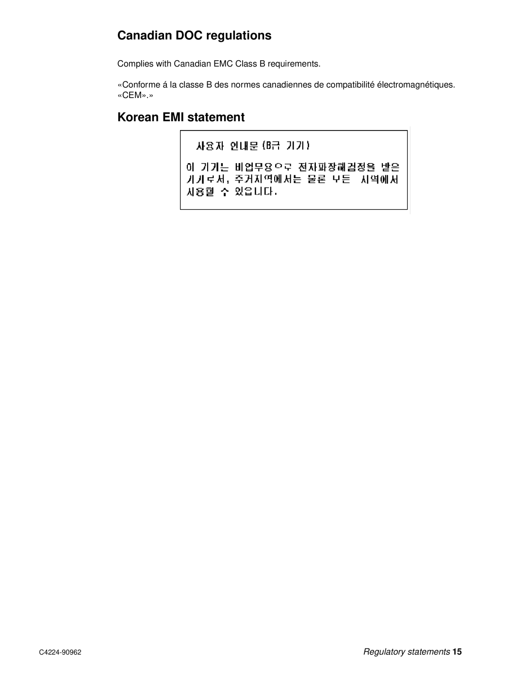 HP C4224-90962 manual Canadian DOC regulations, Korean EMI statement 