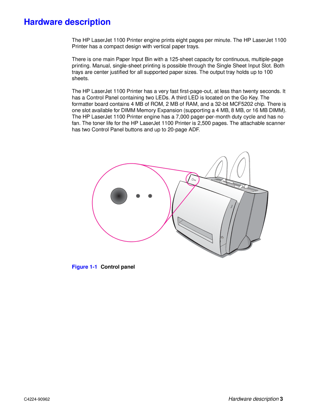 HP C4224-90962 manual Hardware description, 1Control panel 