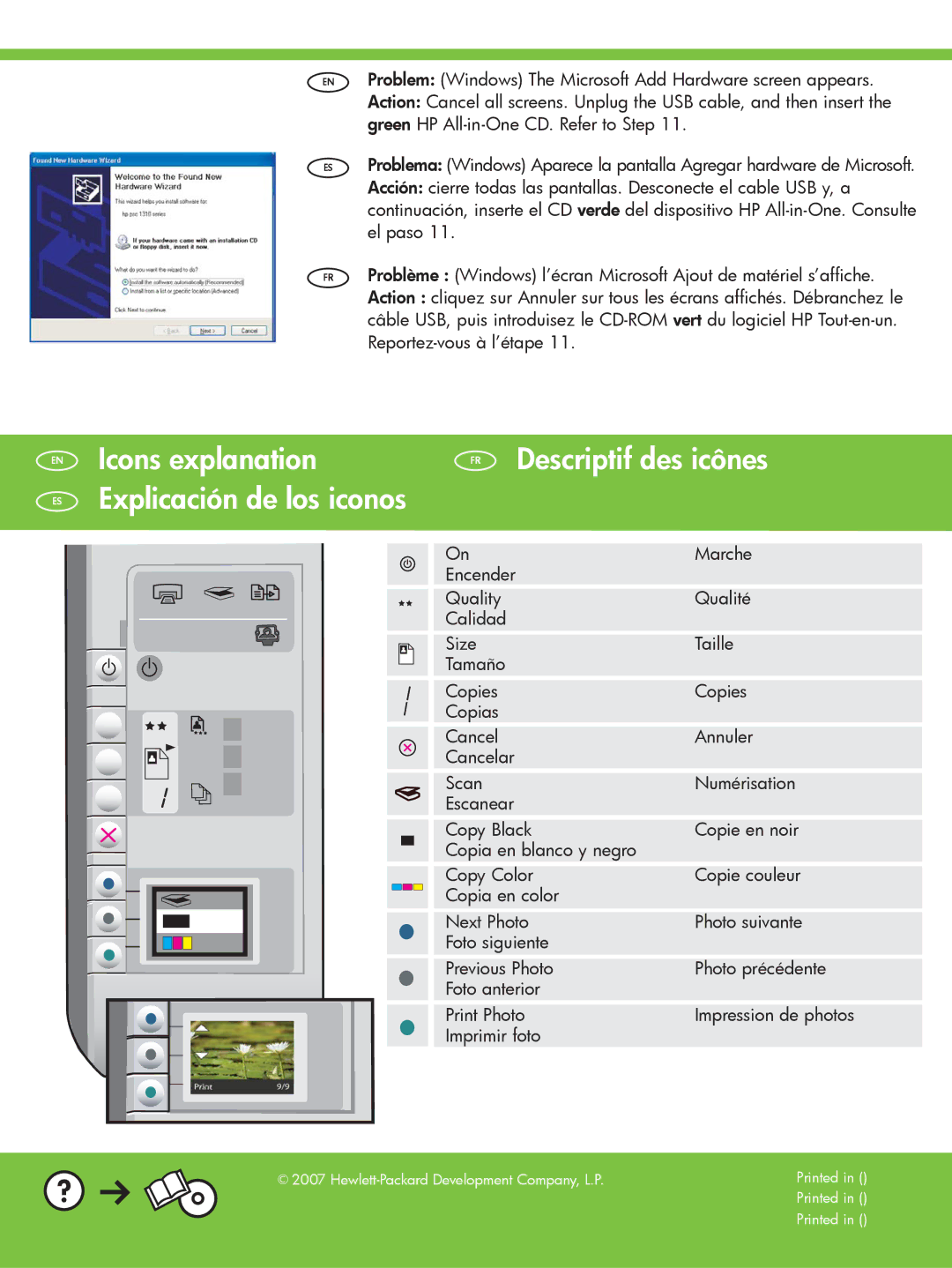 HP C4240, C4283, C4280, C4288, C4273, C4272, C4270, C4250, C4210 manual Icons explanation Explicación de los iconos 