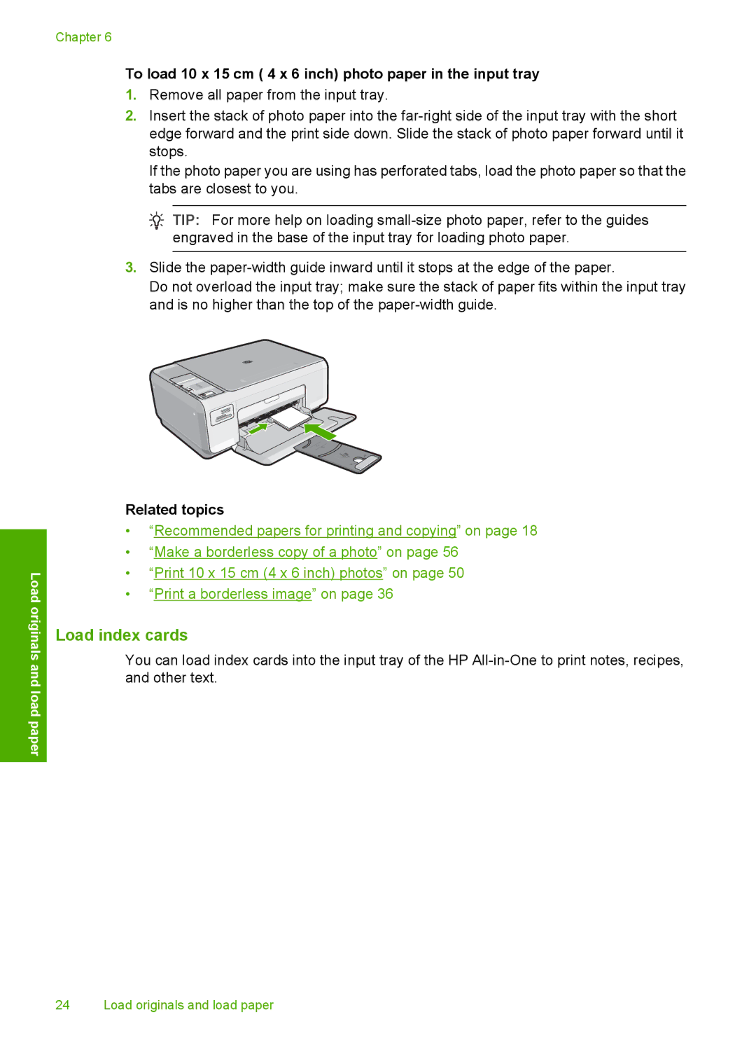 HP C4283, C4280, C4288, C4275 Load index cards, To load 10 x 15 cm 4 x 6 inch photo paper in the input tray, Related topics 