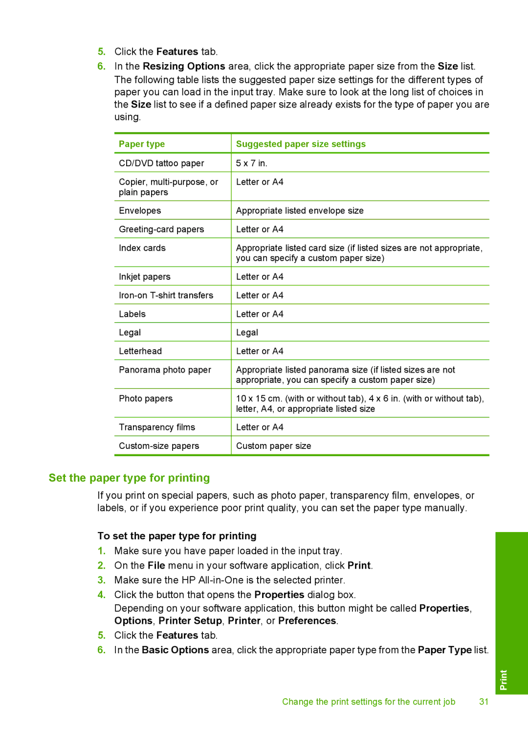 HP C4210, C4283, C4280, C4288, C4275, C4273, C4272, C4270 Set the paper type for printing, To set the paper type for printing 