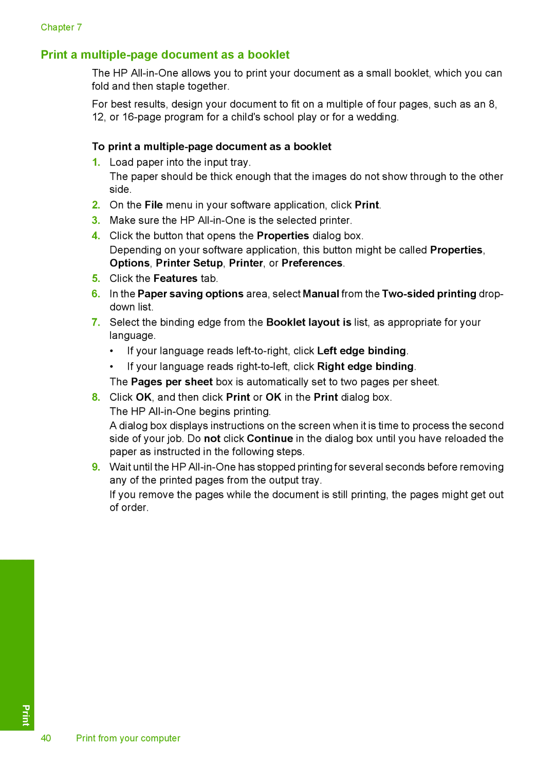 HP C4210, C4283, C4280, C4288 Print a multiple-page document as a booklet, To print a multiple-page document as a booklet 