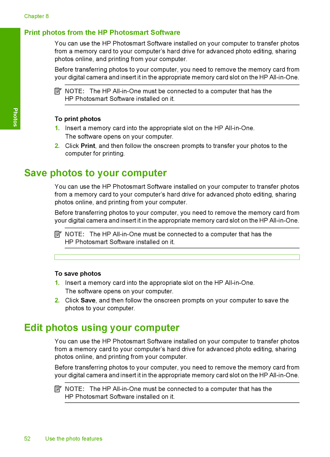 HP C4280 manual Save photos to your computer, Edit photos using your computer, Print photos from the HP Photosmart Software 