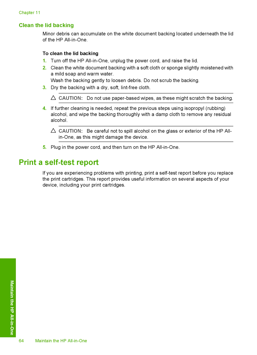 HP C4273, C4283, C4280, C4288, C4275, C4272, C4270 Print a self-test report, Clean the lid backing, To clean the lid backing 