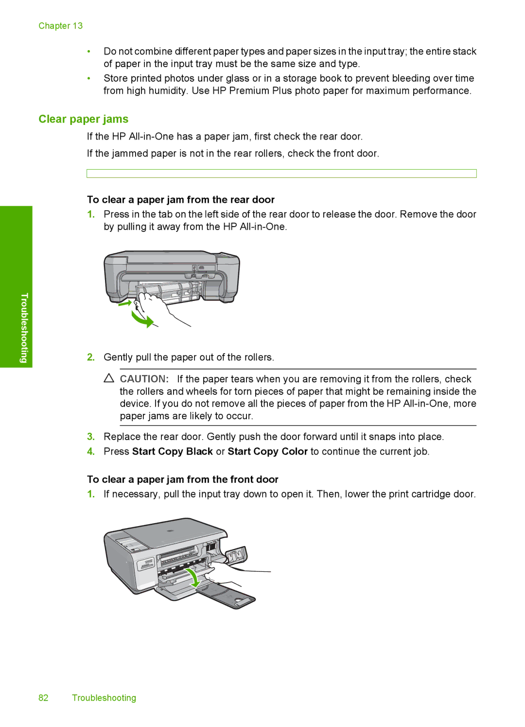 HP C4273, C4283, C4280 Clear paper jams, To clear a paper jam from the rear door, To clear a paper jam from the front door 