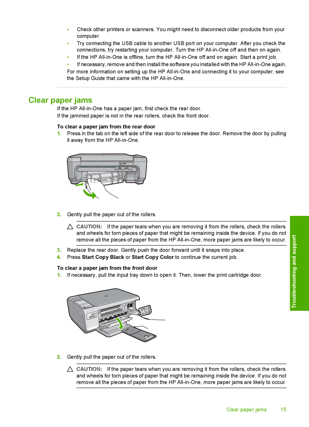 HP C4288, C4283, C4275 Clear paper jams, To clear a paper jam from the rear door, To clear a paper jam from the front door 