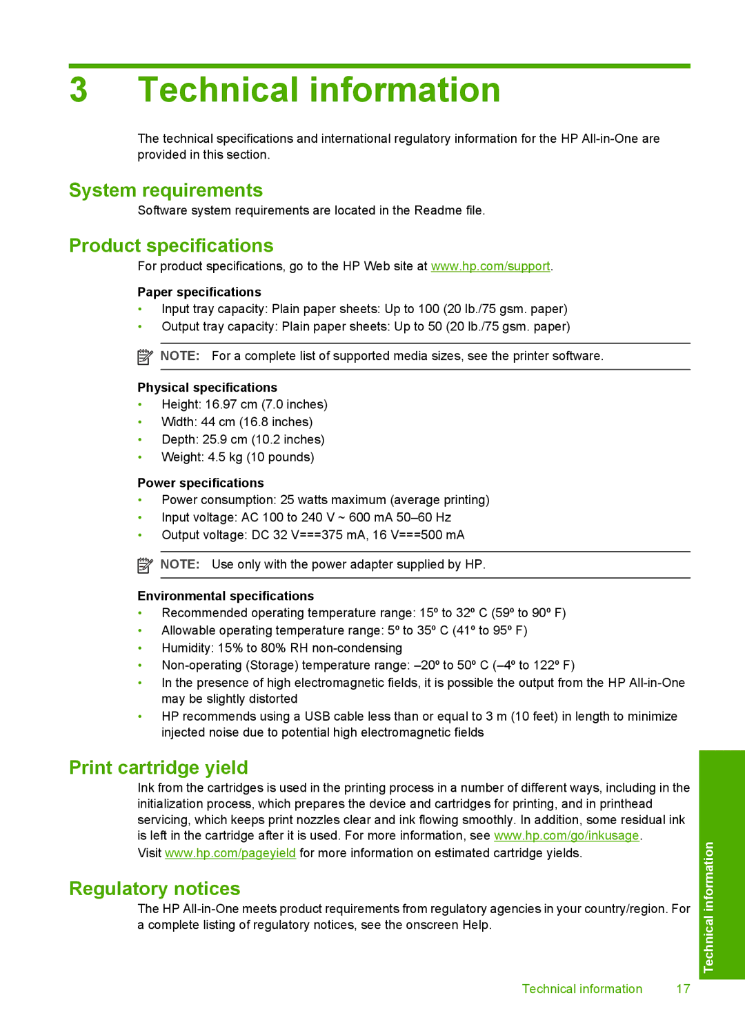 HP C4273 Technical information, System requirements, Product specifications, Print cartridge yield Regulatory notices 