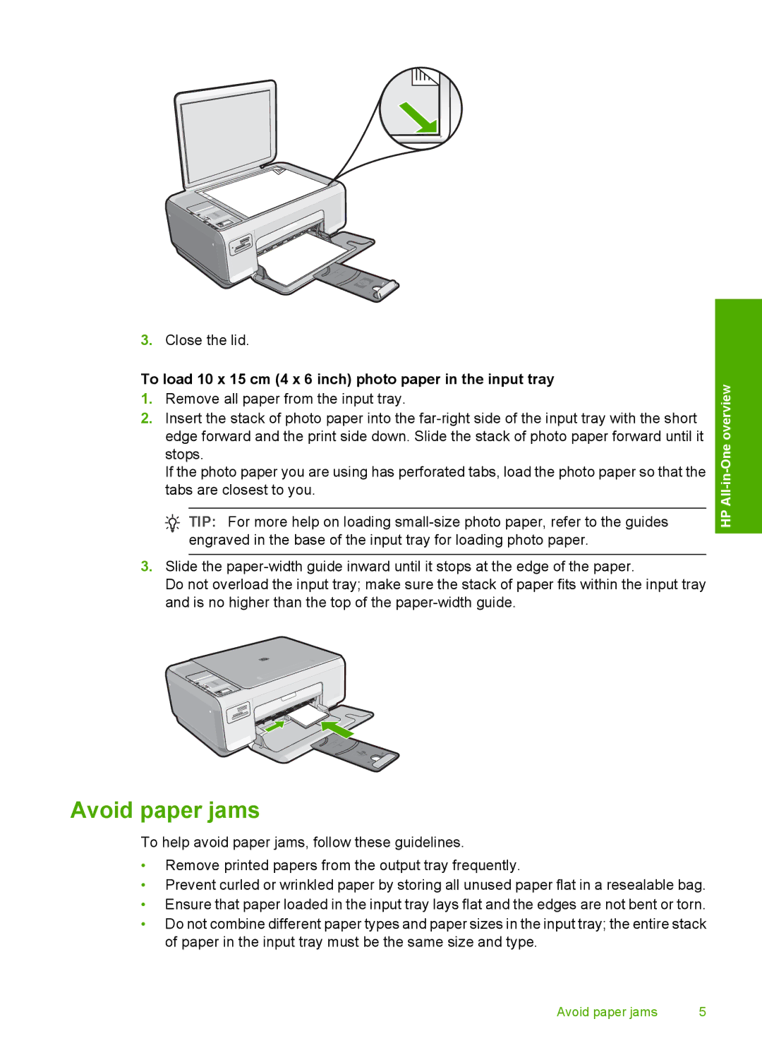 HP C4240, C4283, C4288, C4275, C4273, C4270 manual Avoid paper jams, To load 10 x 15 cm 4 x 6 inch photo paper in the input tray 