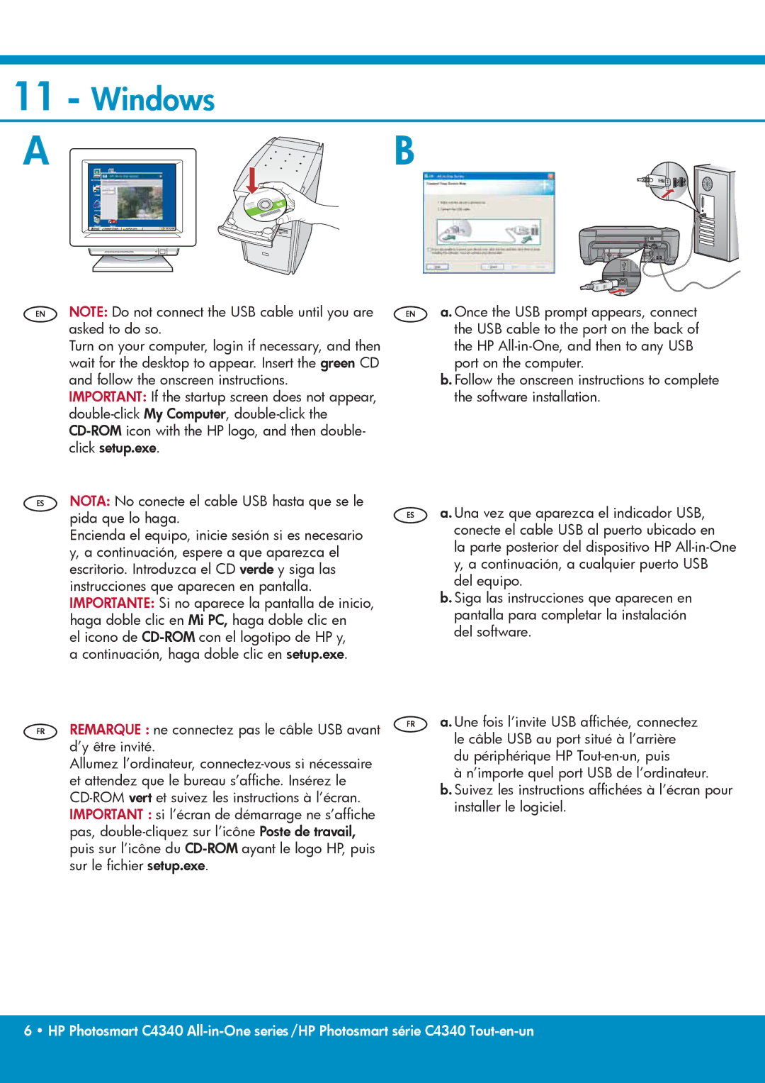 HP C4342 manual Windows, Once the USB prompt appears, connect 