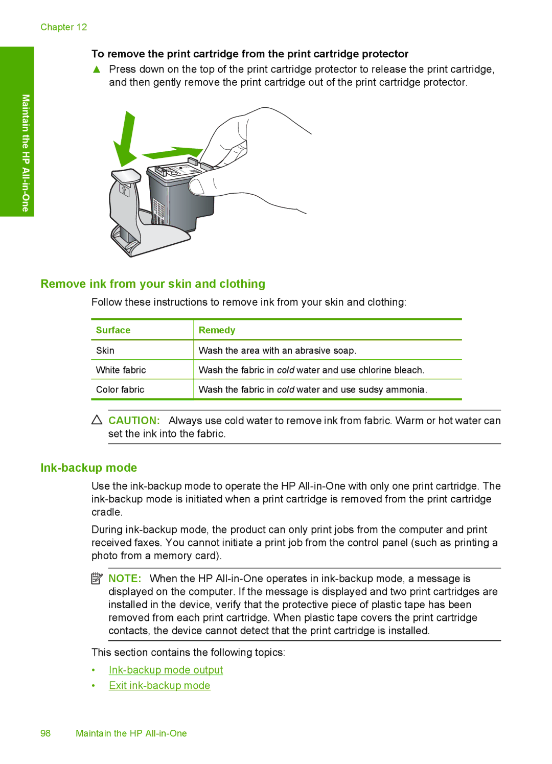 HP C4342, C4344 manual Remove ink from your skin and clothing, Ink-backup mode 