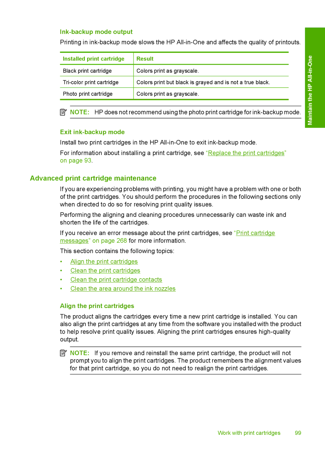 HP C4344 Advanced print cartridge maintenance, Ink-backup mode output, Exit ink-backup mode, Align the print cartridges 