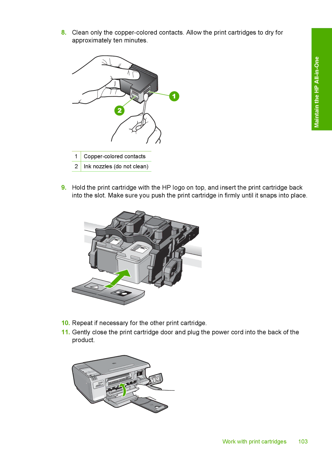 HP C4344, C4342 manual Work with print cartridges 103 