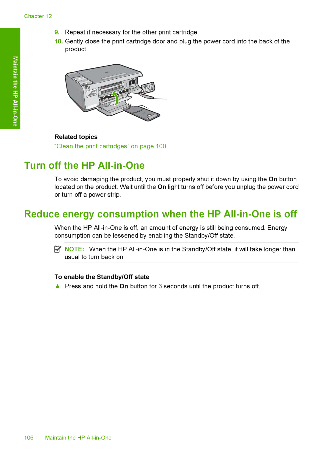 HP C4342, C4344 manual Turn off the HP All-in-One, Reduce energy consumption when the HP All-in-One is off 