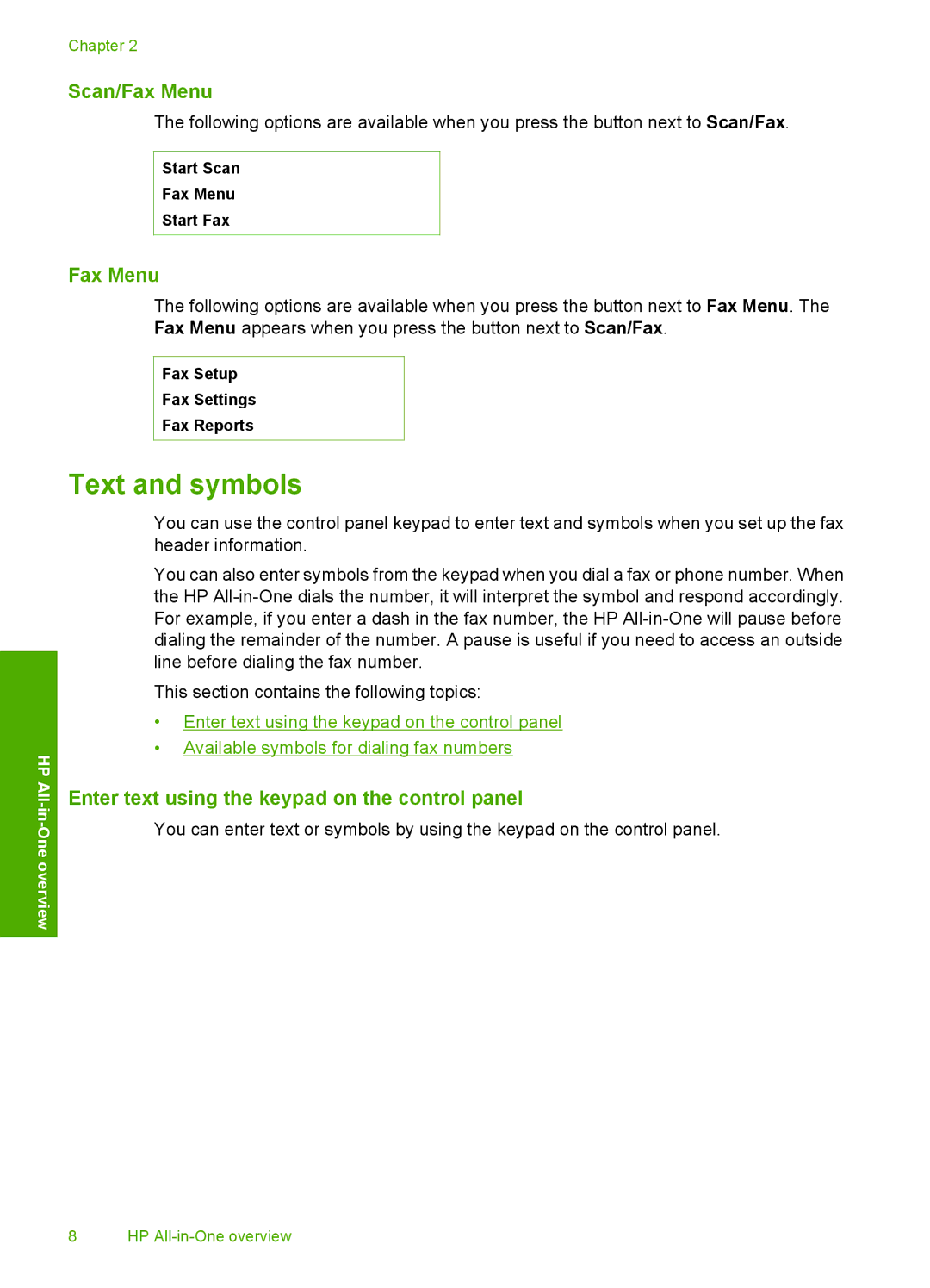 HP C4342, C4344 manual Text and symbols, Scan/Fax Menu, Enter text using the keypad on the control panel 