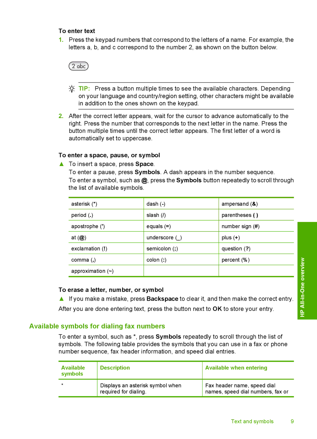 HP C4344, C4342 manual Available symbols for dialing fax numbers, To enter text, To enter a space, pause, or symbol 