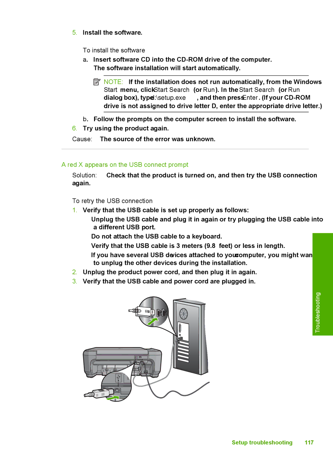 HP C4344, C4342 manual To install the software, Red X appears on the USB connect prompt, To retry the USB connection 