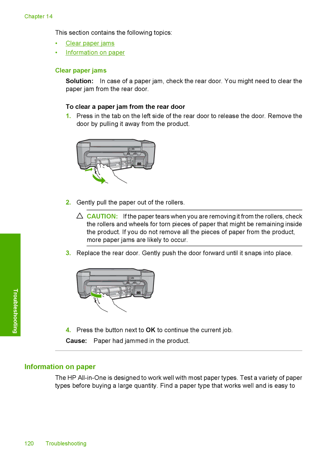 HP C4342, C4344 manual Information on paper, Clear paper jams, To clear a paper jam from the rear door 