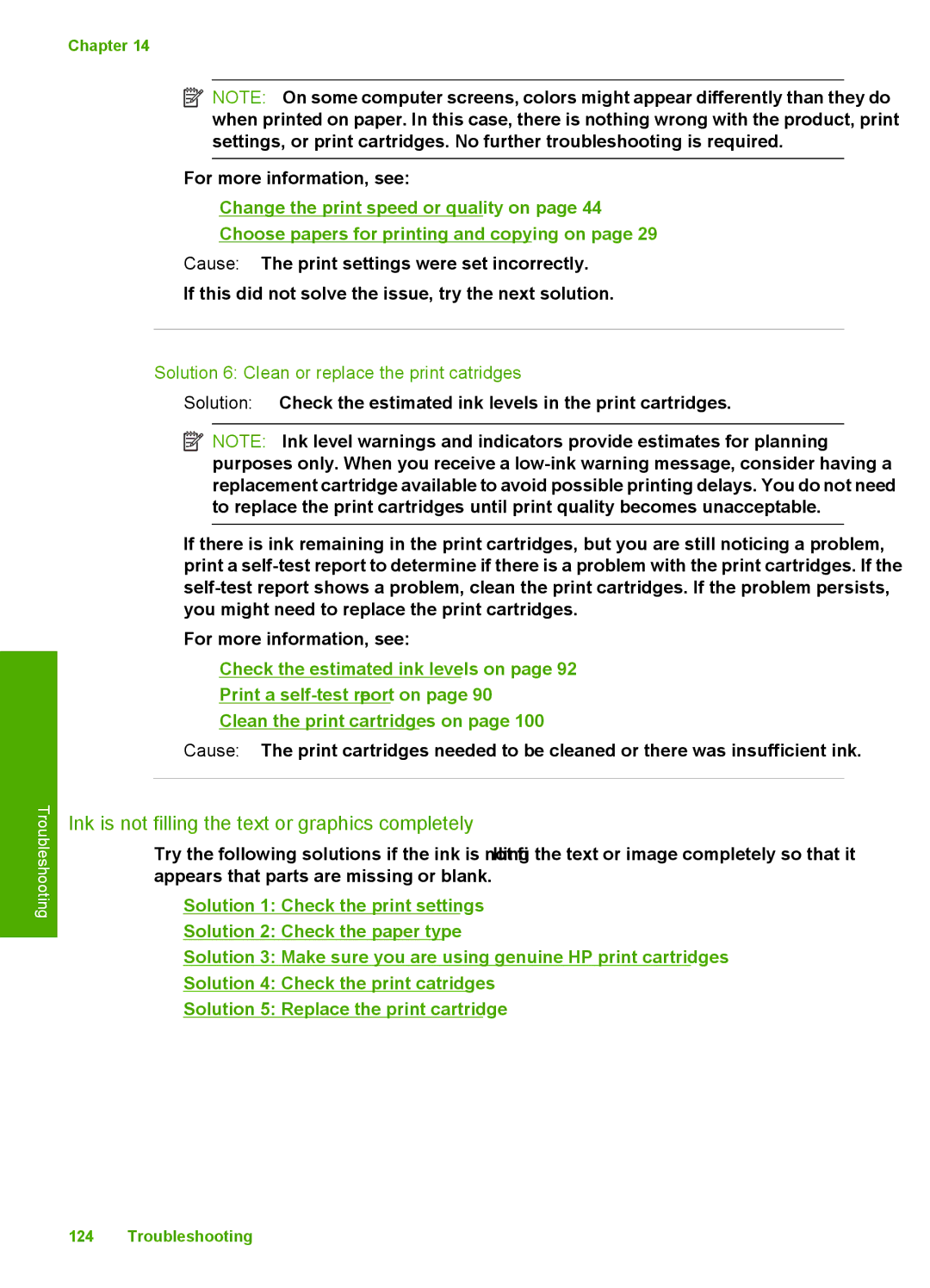 HP C4342, C4344 manual Ink is not filling the text or graphics completely, Solution 6 Clean or replace the print catridges 