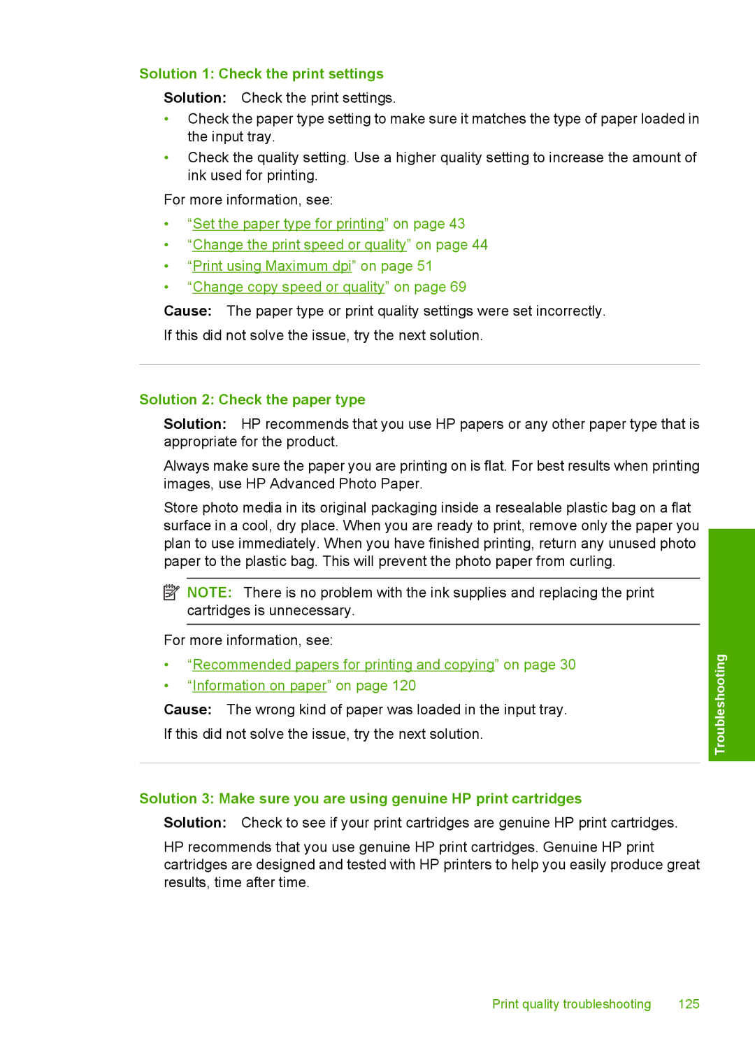 HP C4344, C4342 manual Solution 1 Check the print settings, Solution 2 Check the paper type 