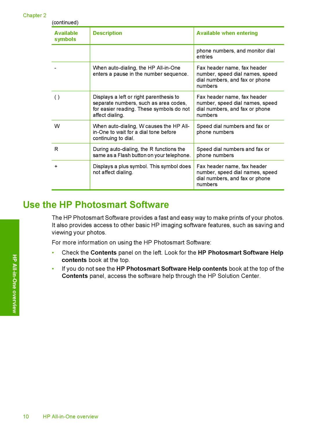 HP C4342, C4344 manual Use the HP Photosmart Software, Available symbols Description 