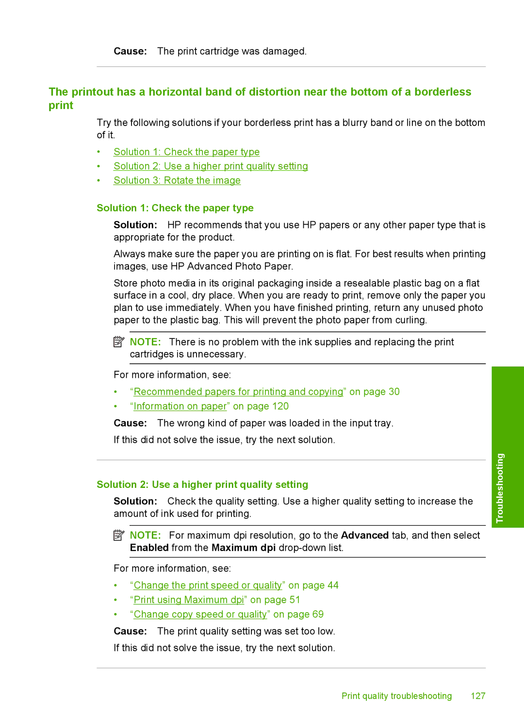 HP C4344, C4342 manual Solution 1 Check the paper type, Solution 2 Use a higher print quality setting 