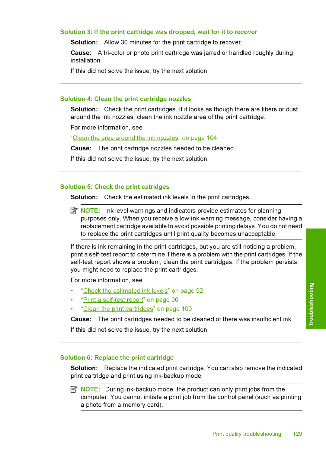 HP C4344, C4342 manual Solution 4 Clean the print cartridge nozzles, Solution 5 Check the print catridges 