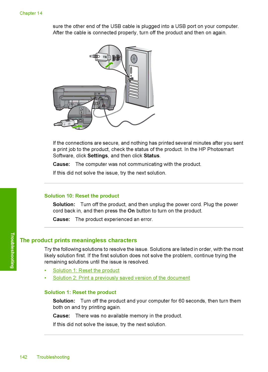 HP C4342, C4344 manual Product prints meaningless characters, Solution 10 Reset the product, Solution 1 Reset the product 