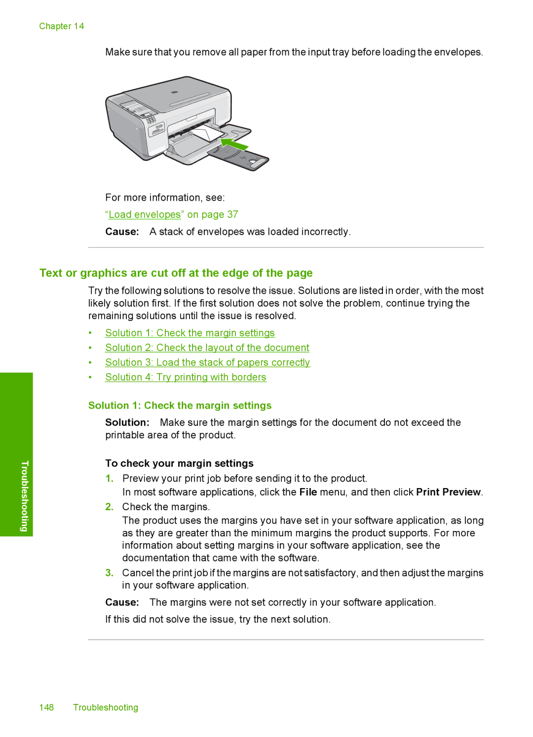 HP C4342, C4344 manual Text or graphics are cut off at the edge, Solution 1 Check the margin settings 