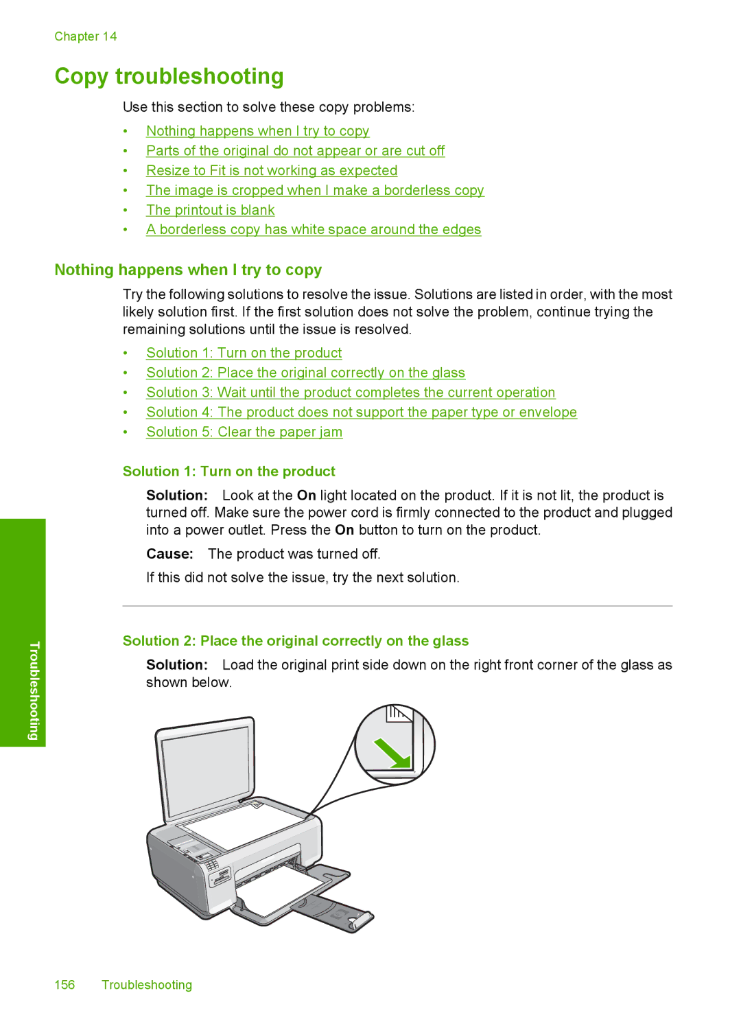 HP C4342 Copy troubleshooting, Nothing happens when I try to copy, Solution 2 Place the original correctly on the glass 