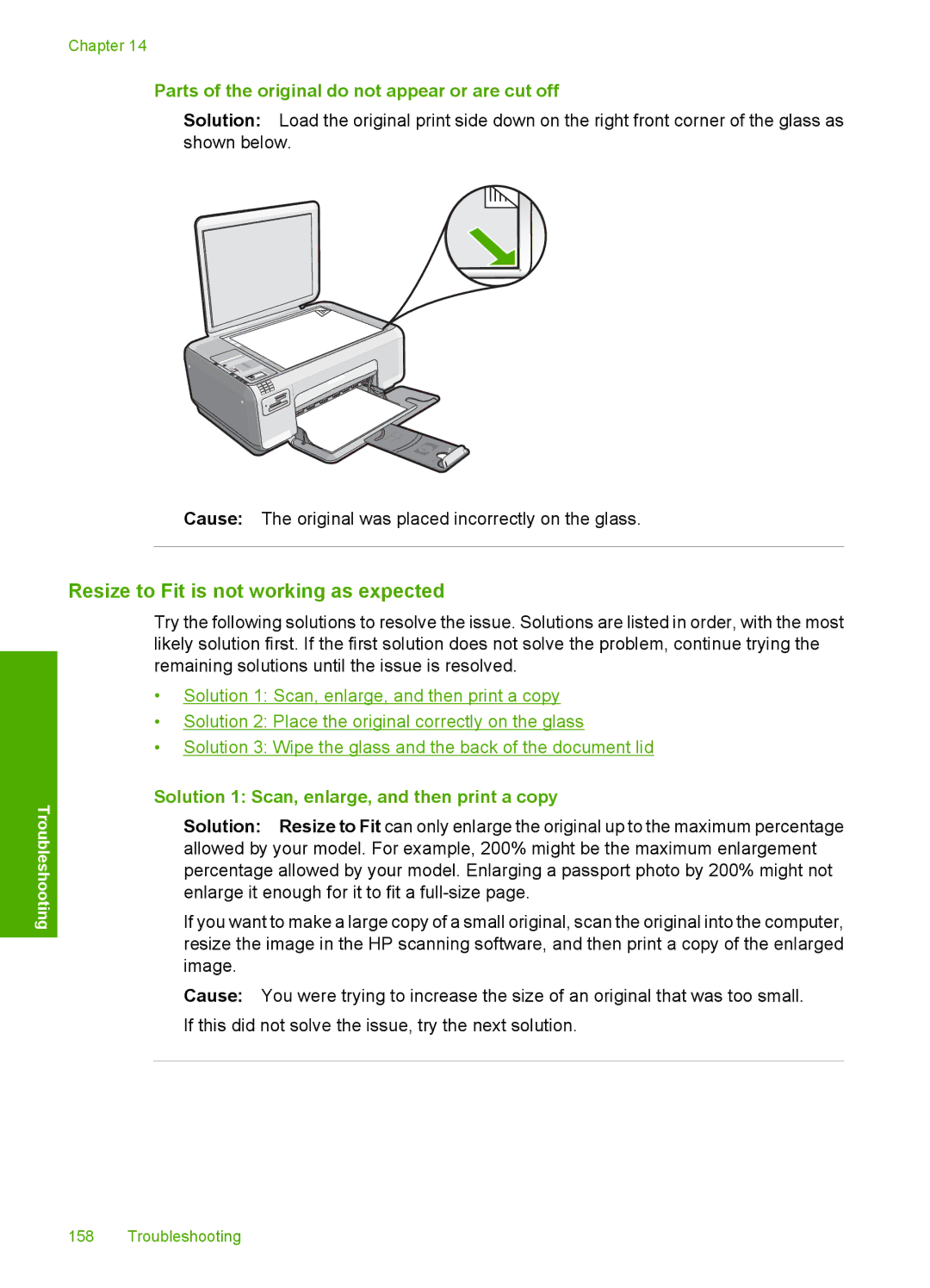 HP C4342, C4344 manual Resize to Fit is not working as expected, Parts of the original do not appear or are cut off 